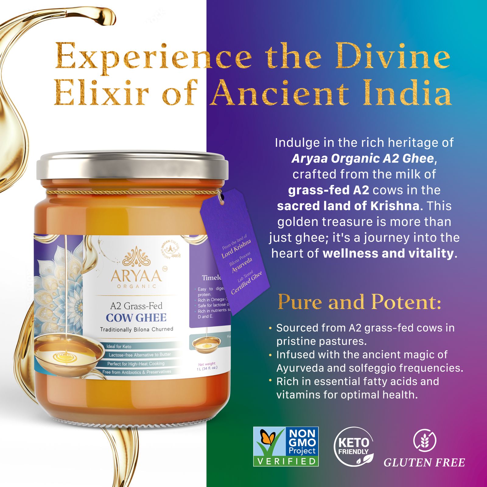 Aryaa Organic A2 Grass-Fed Ghee (1L) - Aryaa Organic