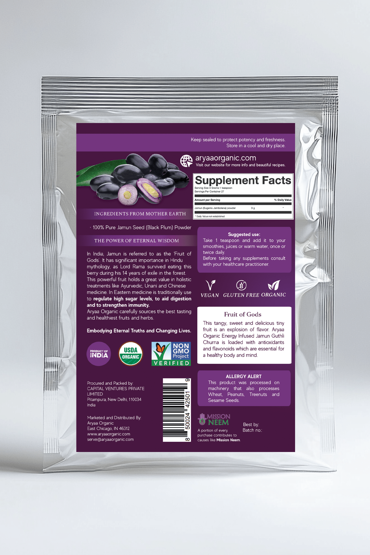 Aryaa Organic Jamun Powder - Indian Blackberry (Organic) - Aryaa Organic