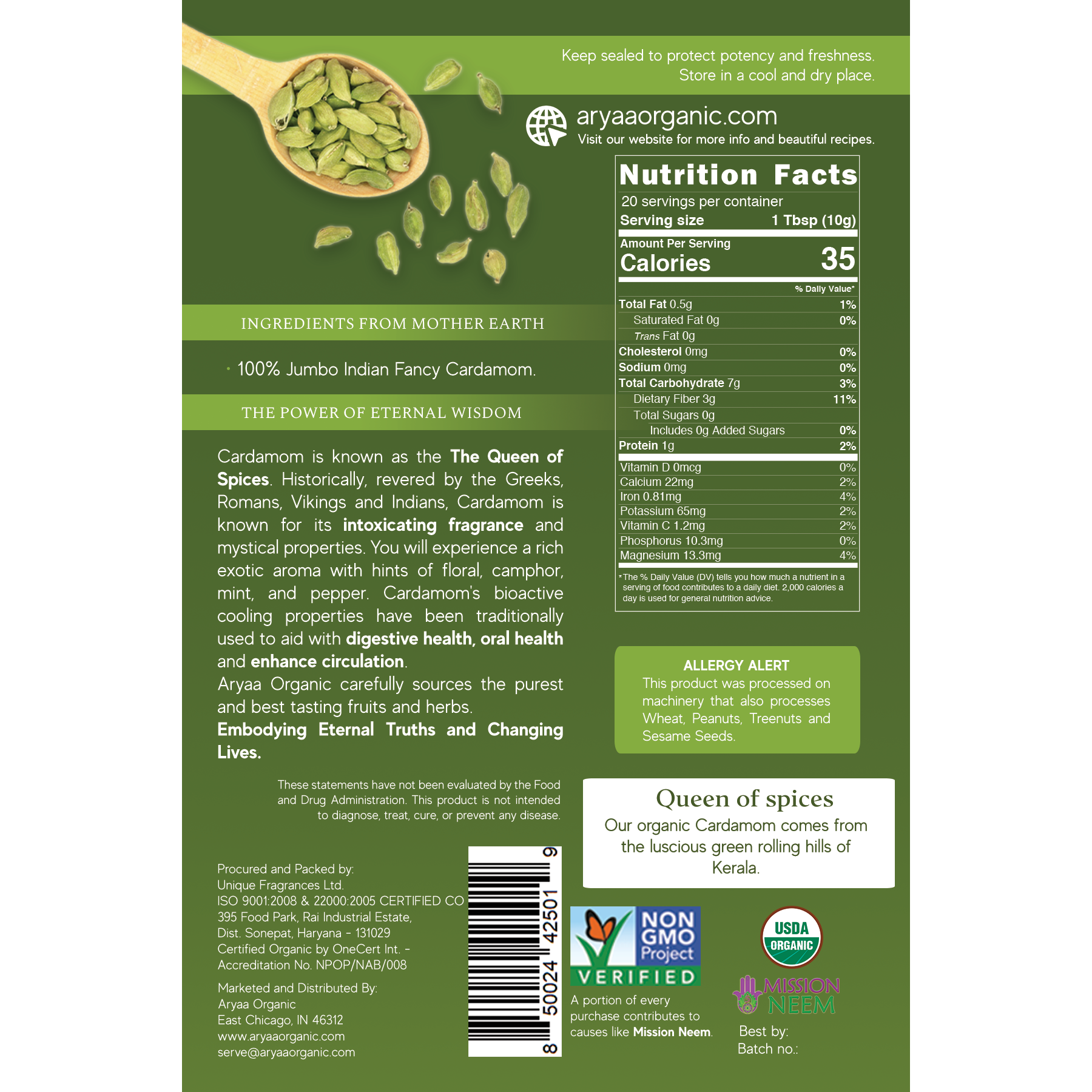 Aryaa Organic Cardamom Pods - The Queen of Spices, gluten free, natural & vegan