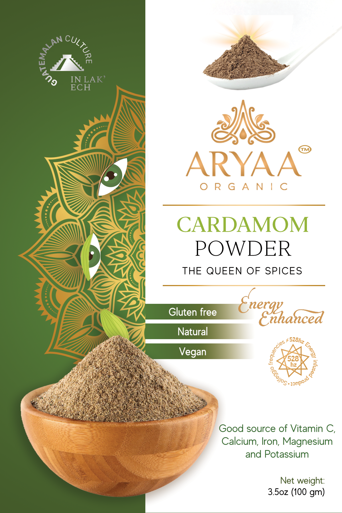 Aryaa Organic Cardamom Powder - Queen of Spices, gluten free, natural, vegan, source of Vitamin C, Calcium, Iron, Magnesium & Potassium