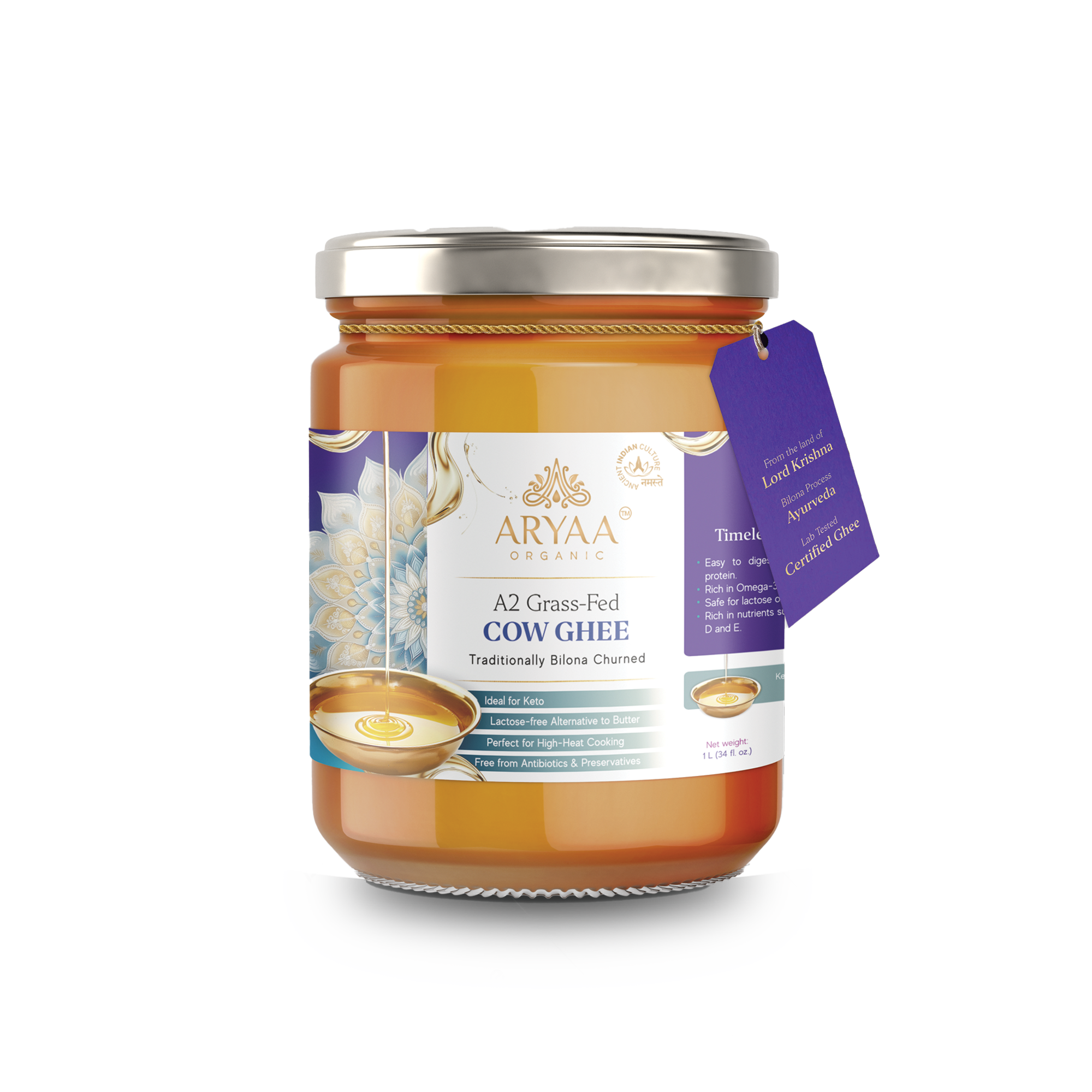 Aryaa Organic A2 Grass-Fed Ghee (1L)