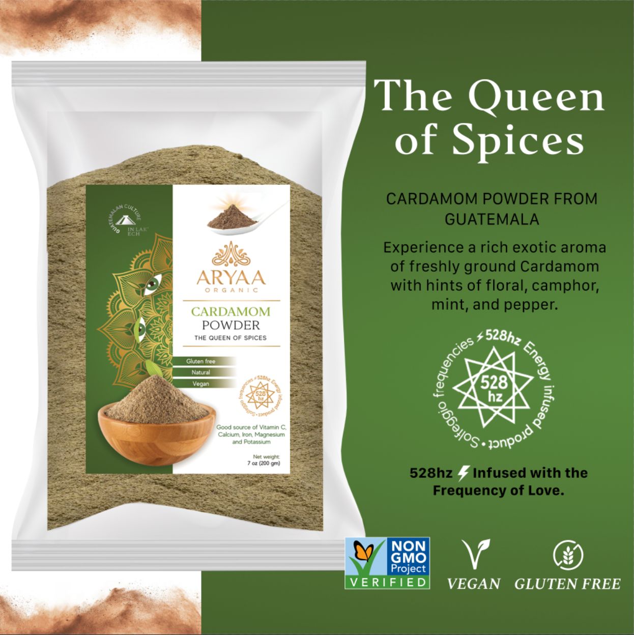 Aryaa Organic Cardamom Powder - Queen of Spices from Guatemala, energy infused, gluten free, natural, vegan, source of Vitamin C, Calcium, Iron, Magnesium & Potassium