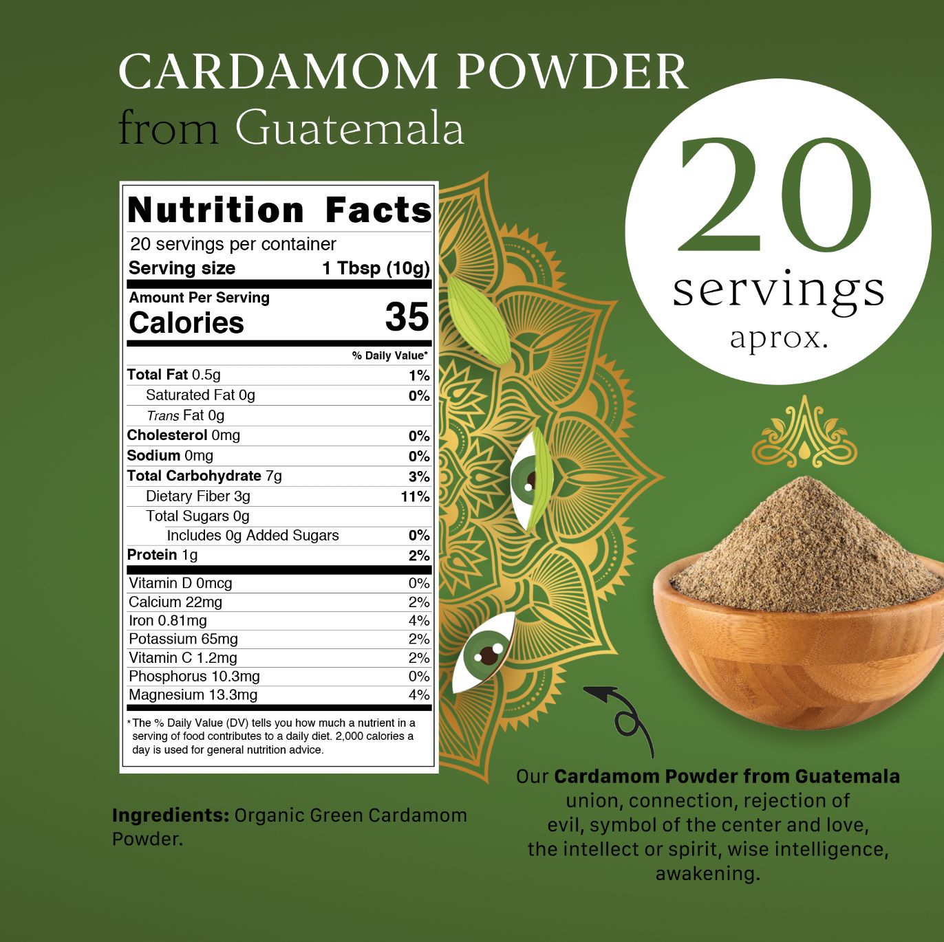 Aryaa Organic Cardamom Powder - Queen of Spices from Guatemala, energy infused, gluten free, natural, vegan, source of Vitamin C, Calcium, Iron, Magnesium & Potassium