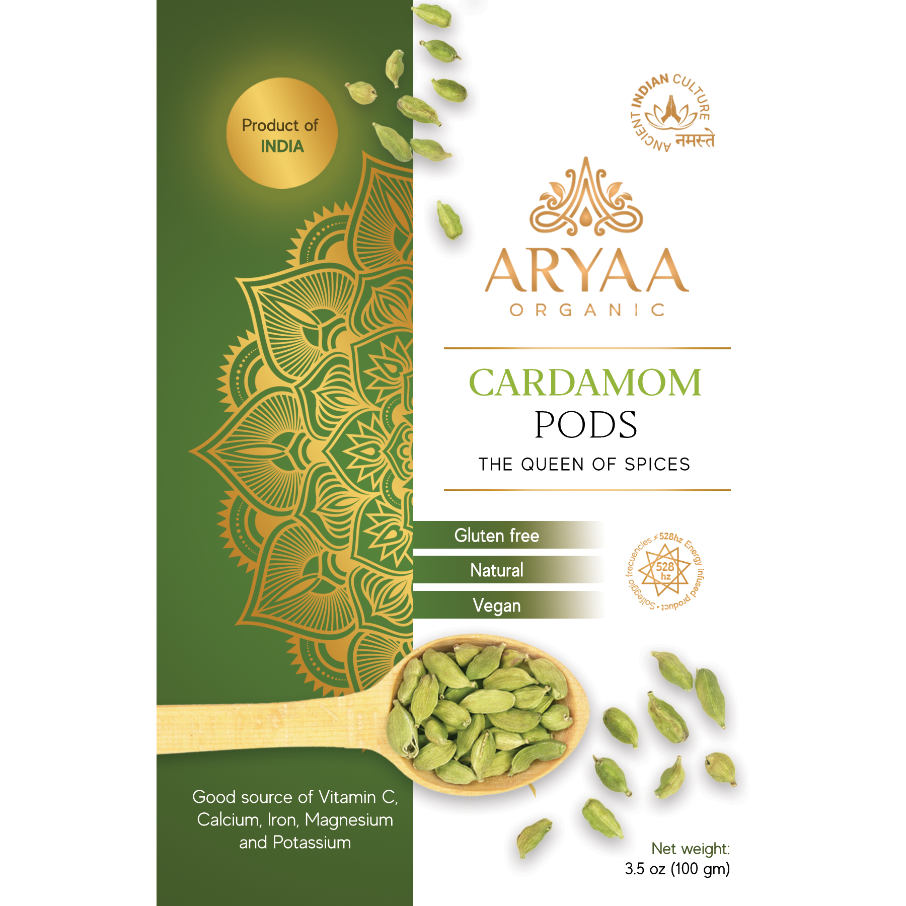 Aryaa Organic Cardamom Pods from India (Fancy Green)