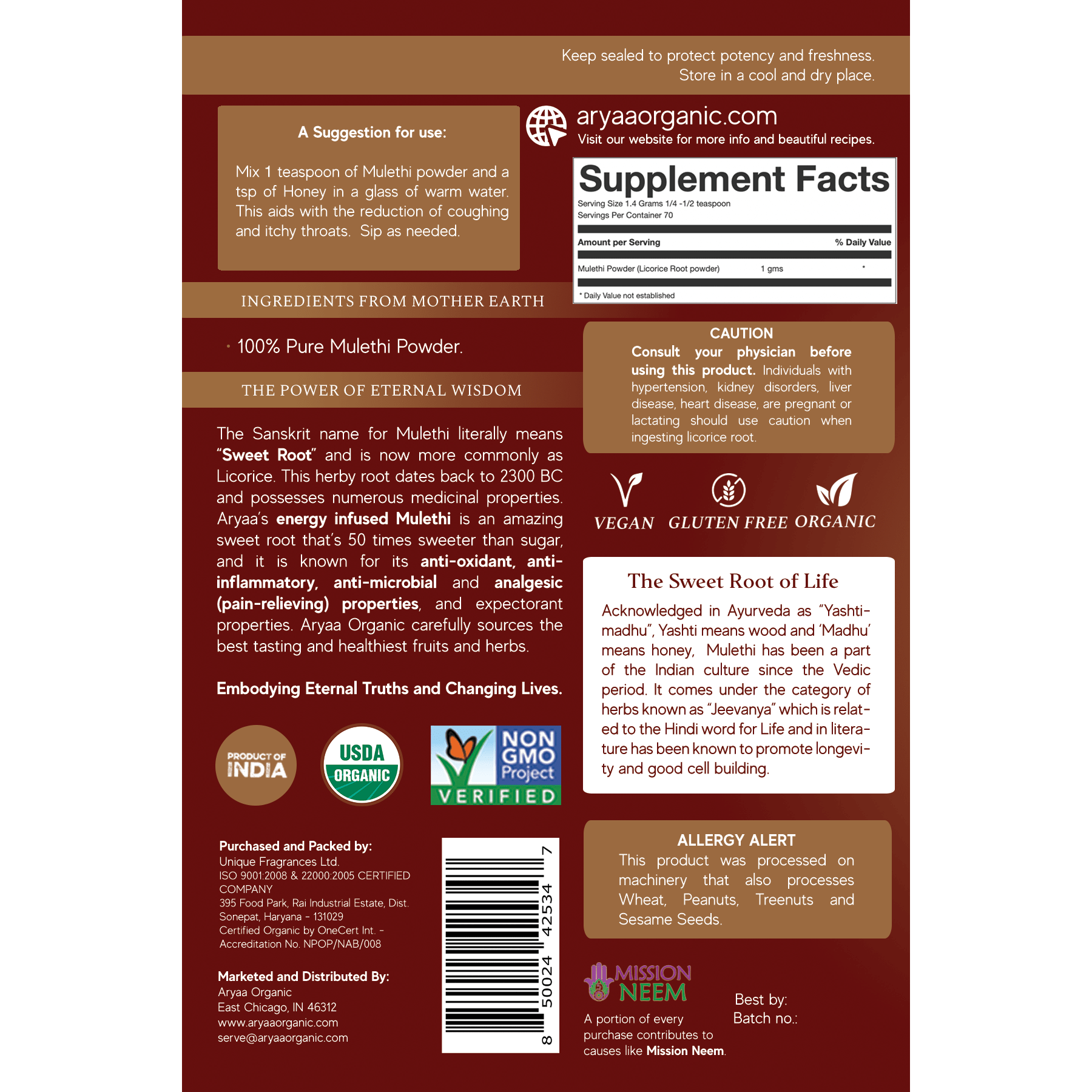 Aryaa Organic Mulethi Powder (Organic Licorice) - Aryaa Organic